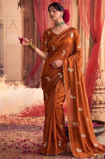 Heavy aari work satin saree for women orange party wear