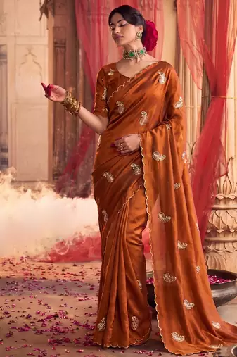 Heavy aari work satin saree for women orange party wear