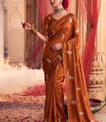 Heavy aari work satin saree for women orange party wear