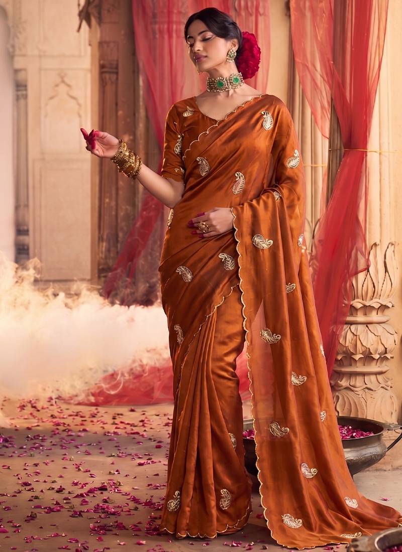 Heavy aari work satin saree for women orange party wear