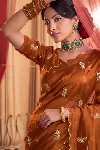 Heavy aari work satin saree for women orange party wear