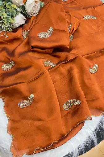 Heavy aari work satin saree for women orange party wear