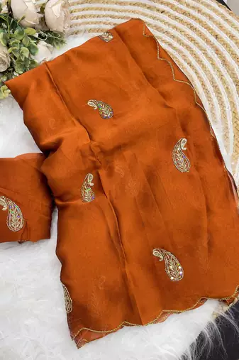 Heavy aari work satin saree for women orange party wear