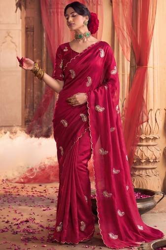 Heavy aari work satin saree for women pink party wear