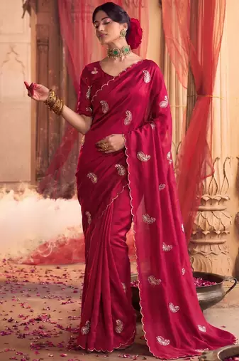 Heavy aari work satin saree for women pink party wear