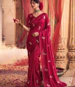 Heavy aari work satin saree for women pink party wear