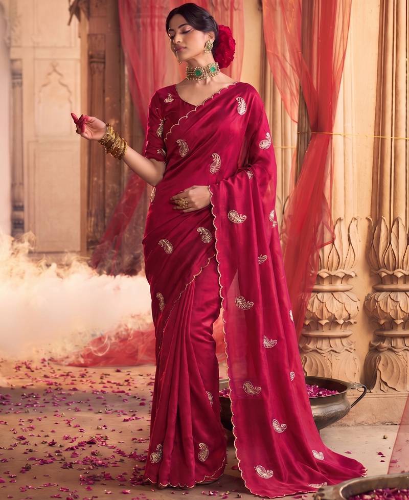 Heavy aari work satin saree for women pink party wear
