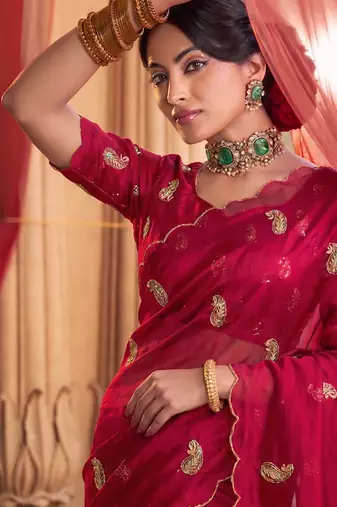 Heavy aari work satin saree for women pink party wear
