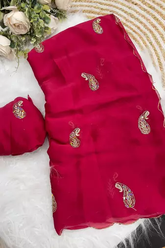 Heavy aari work satin saree for women pink party wear