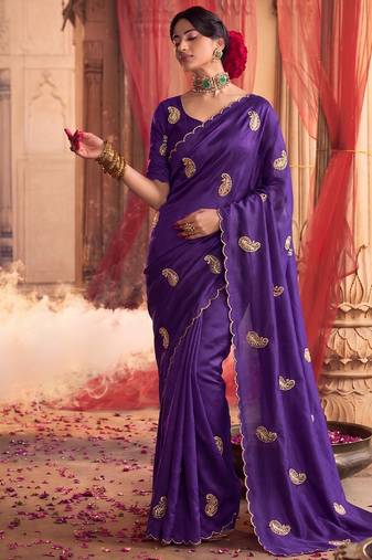 Heavy aari work satin saree for women purple party wear