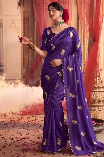 Heavy aari work satin saree for women purple party wear