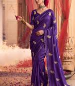 Heavy aari work satin saree for women purple party wear