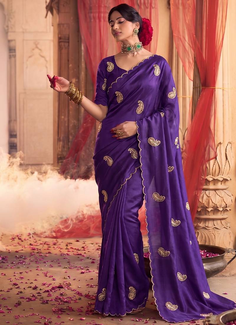Heavy aari work satin saree for women purple party wear