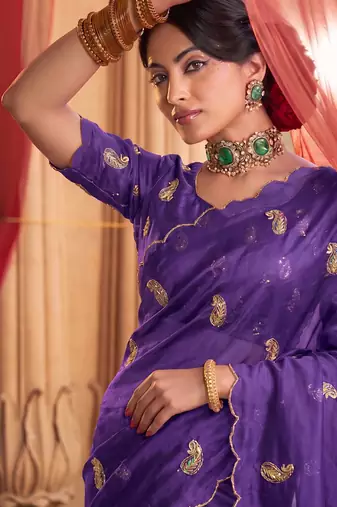 Heavy aari work satin saree for women purple party wear