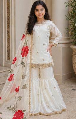 Pure heavy silk embrodairy seqence  work cream readymade salwar suit 1