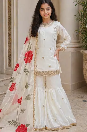 Pure heavy silk embrodairy seqence  work cream readymade salwar suit