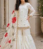 Pure heavy silk embrodairy seqence  work cream readymade salwar suit