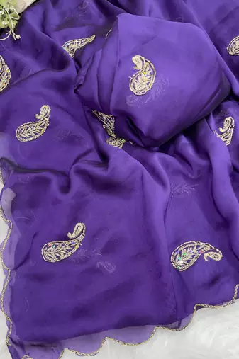 Heavy aari work satin saree for women purple party wear