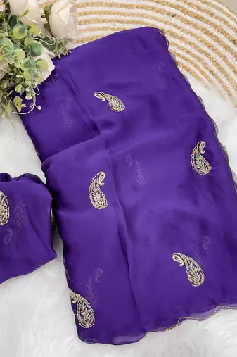 Heavy aari work satin saree for women purple party wear