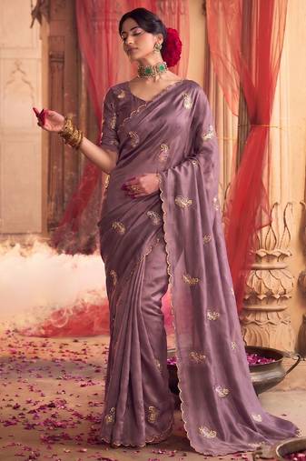 Heavy aari work satin saree for women lilac party wear