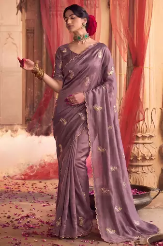 Heavy aari work satin saree for women lilac party wear