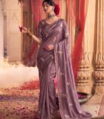 Heavy aari work satin saree for women lilac party wear