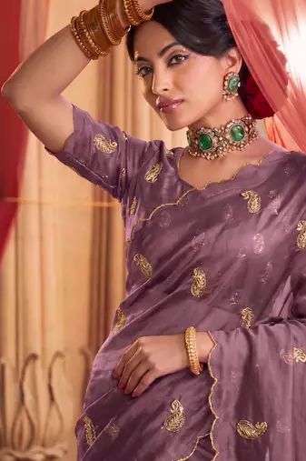 Heavy aari work satin saree for women lilac party wear
