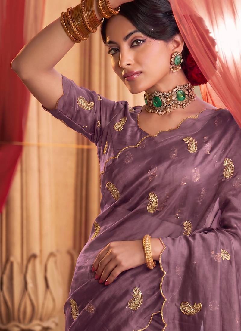 Heavy aari work satin saree for women lilac party wear