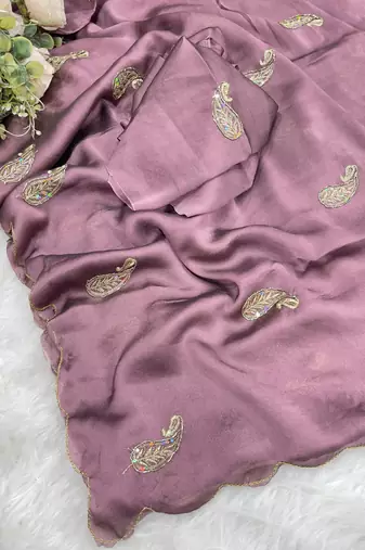 Heavy aari work satin saree for women lilac party wear