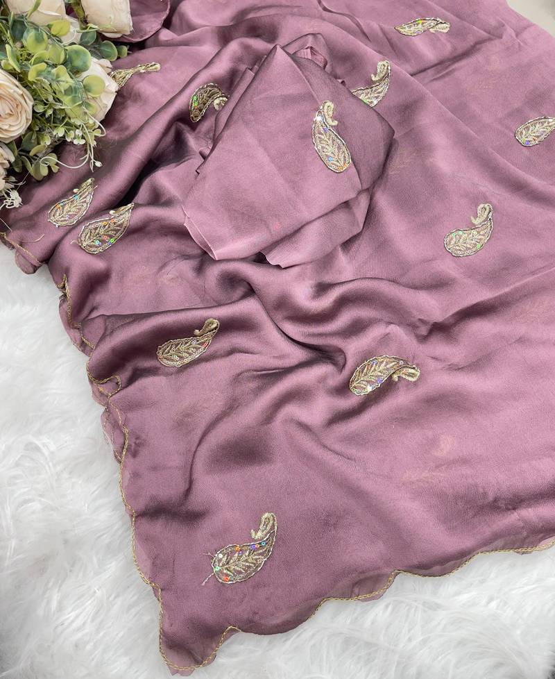 Heavy aari work satin saree for women lilac party wear