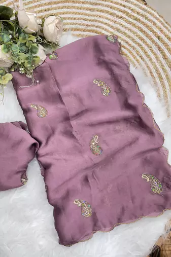 Heavy aari work satin saree for women lilac party wear