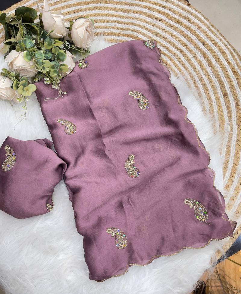 Heavy aari work satin saree for women lilac party wear