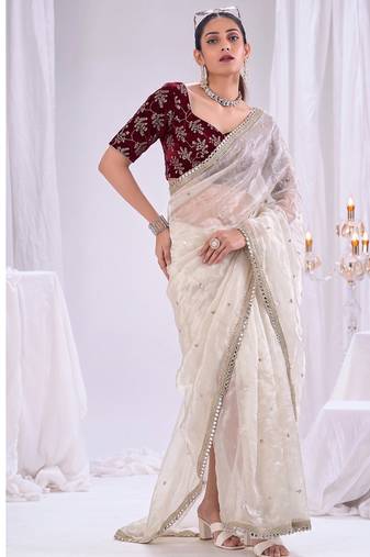 Designer white satin saree with maroon blouse embroidery work