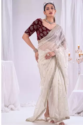 Designer white satin saree with maroon blouse embroidery work