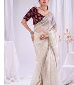 Designer white satin saree with maroon blouse embroidery work