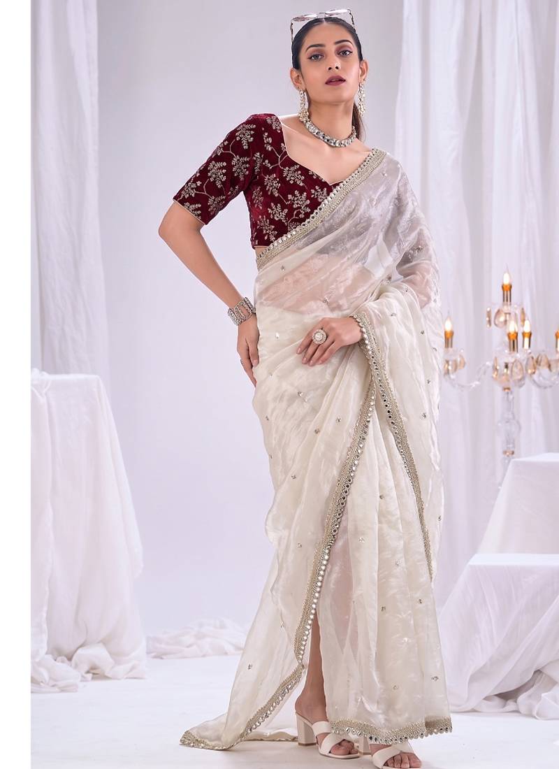 Designer white satin saree with maroon blouse embroidery work