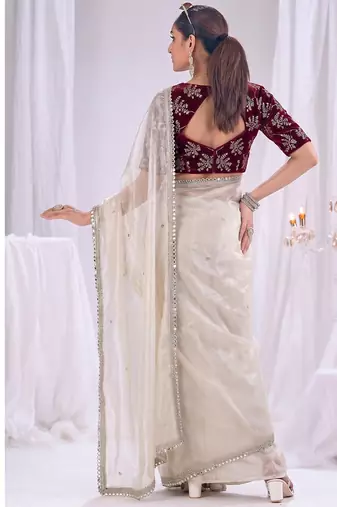 Designer white satin saree with maroon blouse embroidery work
