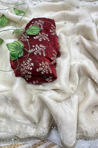 Designer white satin saree with maroon blouse embroidery work