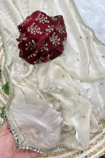 Designer white satin saree with maroon blouse embroidery work