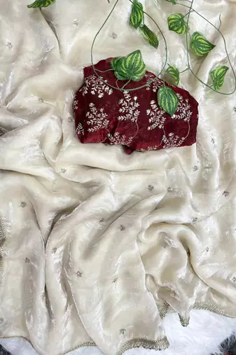 Designer white satin saree with maroon blouse embroidery work