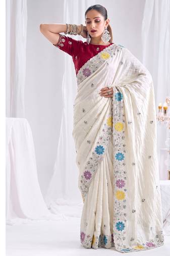 Prada silk blend heavy embroidery white saree with apliqe work