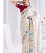 Prada silk blend heavy embroidery white saree with apliqe work