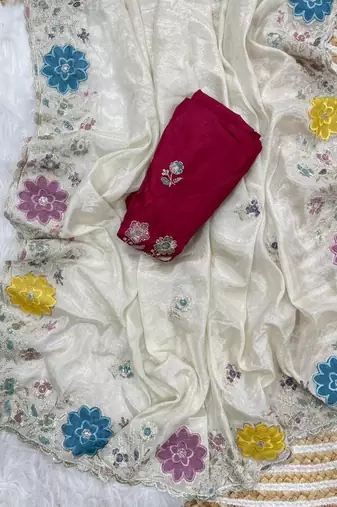 Prada silk blend heavy embroidery white saree with apliqe work