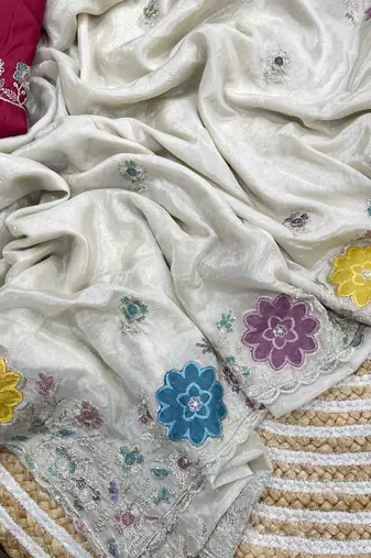 Prada silk blend heavy embroidery white saree with apliqe work