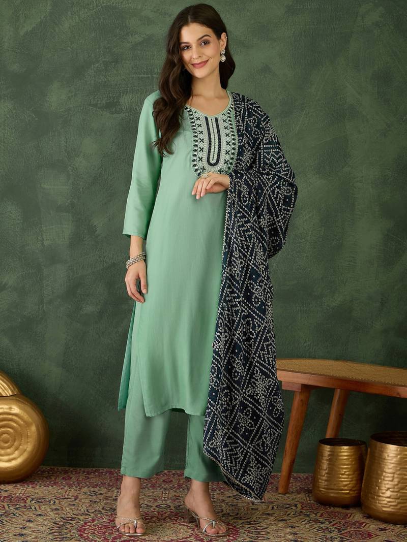 Women's Beautiful Thread Work Rayon Fabric Straight Kurta Pant and Dupatta Set