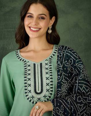 Women's Beautiful Thread Work Rayon Fabric Straight Kurta Pant and Dupatta Set 2