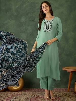 Women's Beautiful Thread Work Rayon Fabric Straight Kurta Pant and Dupatta Set 5