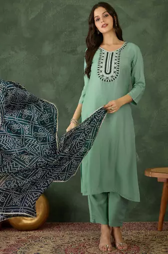 Women's Beautiful Thread Work Rayon Fabric Straight Kurta Pant and Dupatta Set