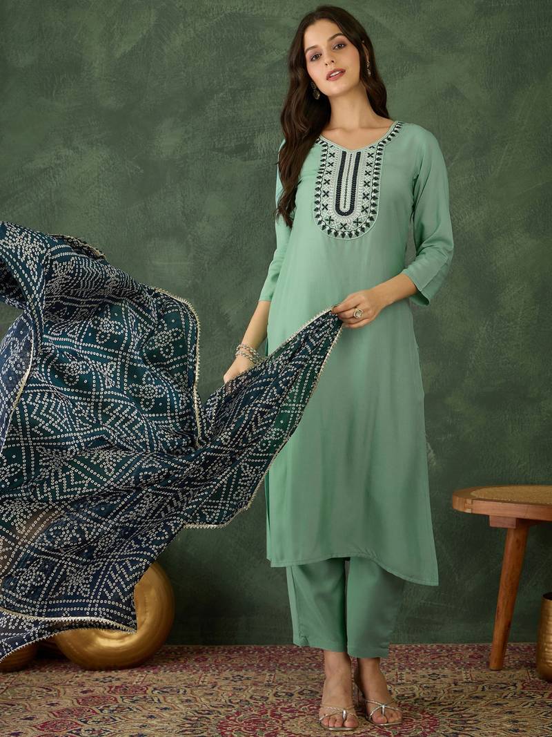 Women's Beautiful Thread Work Rayon Fabric Straight Kurta Pant and Dupatta Set