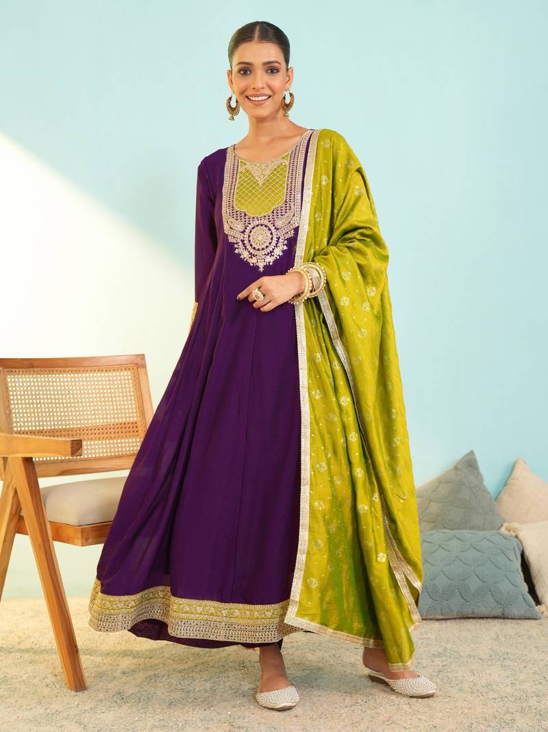 Women's Beautiful Embroidery Work Vichitra Silk Fabric Flared Anarkali Pant and Dupatta Set